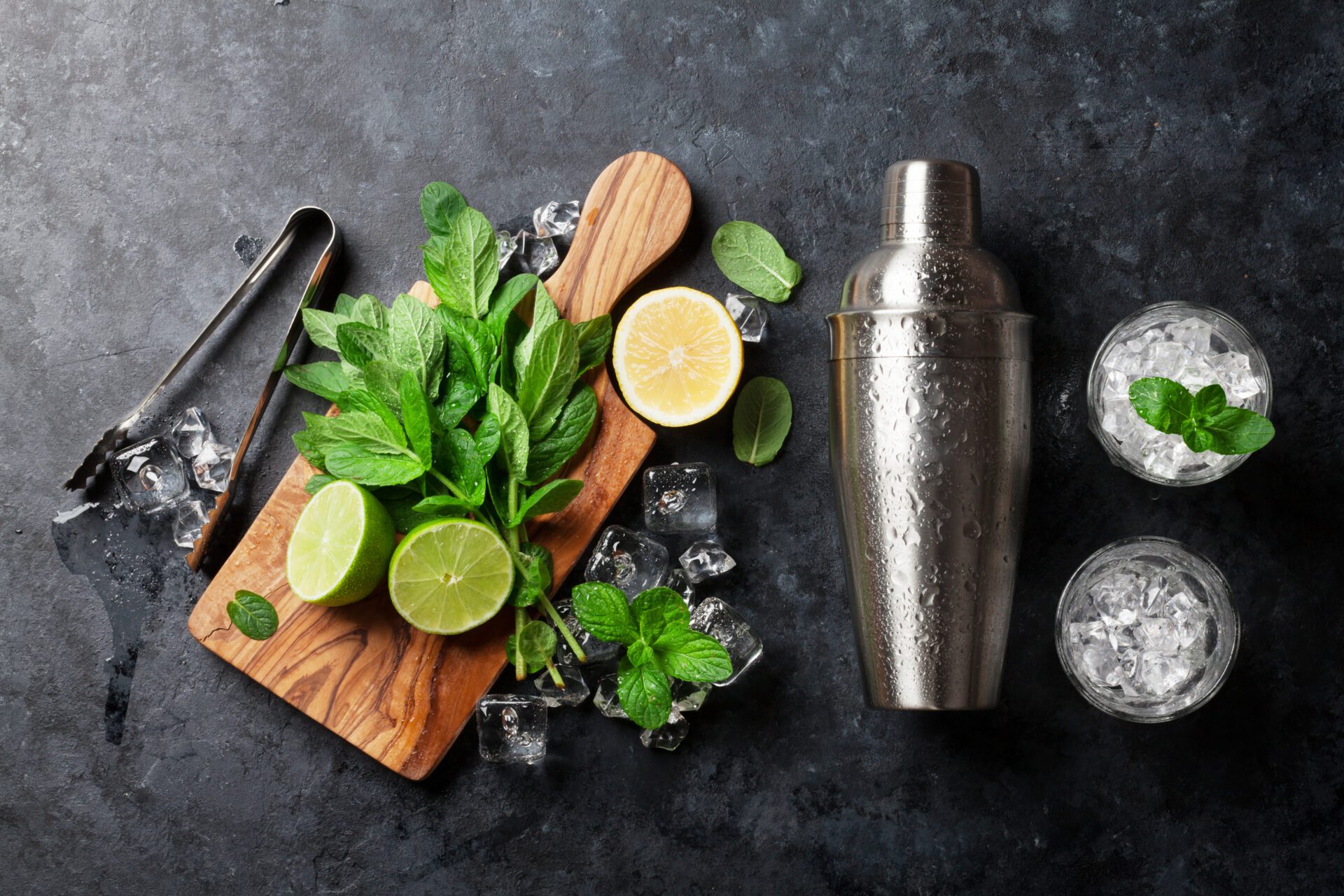Mojito,Cocktail,Making.,Mint,,Lime,,Ice,Ingredients,And,Bar,Utensils. Cocktail making